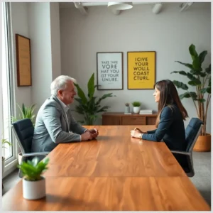 Coaching y desarrollo personal: claves para el cambio en una sesión presencial entre coach y cliente sentados frente a una mesa de madera.