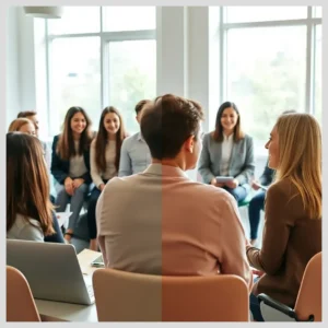 Personas en una sesión grupal en círculo discutiendo dinámicas y roles, ilustrando 1.3 Diferencias entre coaching de equipos y coaching individual.