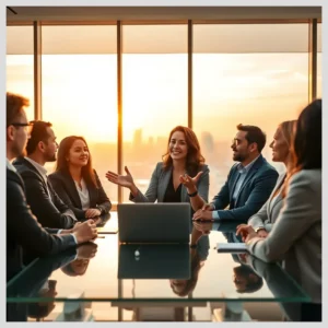 Equipo de profesionales en reunión alrededor de una mesa compartiendo 2.4 Comunicación y feedback en equipos durante una sesión colaborativa.