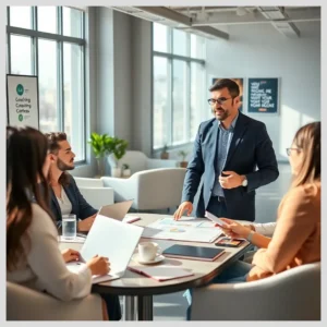 Líder presentando en reunión de equipo durante una sesión práctica de 1.1 ¿Qué es el coaching empresarial? Definición y contexto actual en sala de juntas