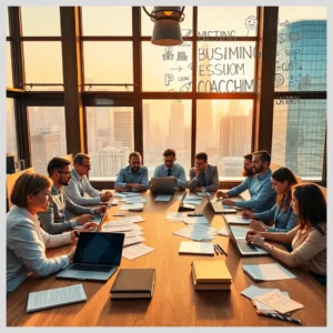 Equipo ejecutivo reunido alrededor de una mesa con laptops y documentos, representando 1.2 Historia y evolución del coaching en empresas.
